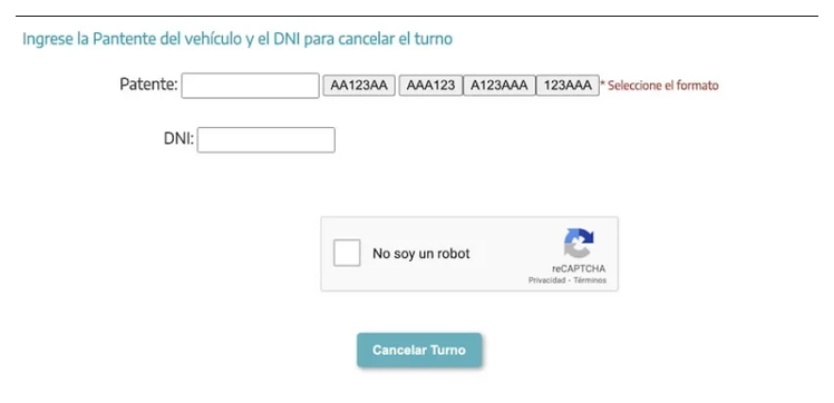 Pantalla para cancelar el turno de la VTV en Lincoln con patente y DNI